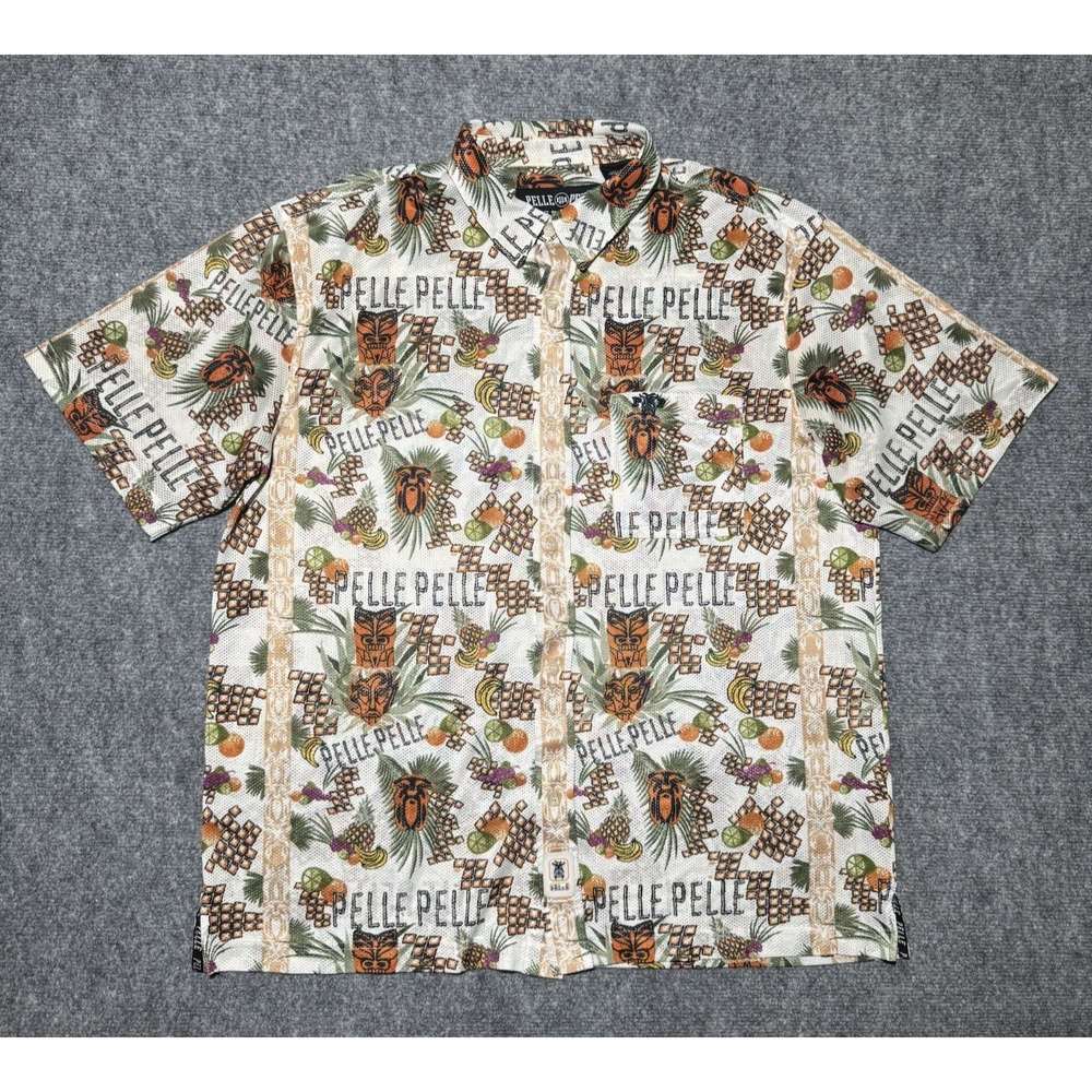 VTG PELLE PELLE Marc Buchanan Short Sleeve Mesh Button Up Shirt L Tiki‎ Mask Y2K